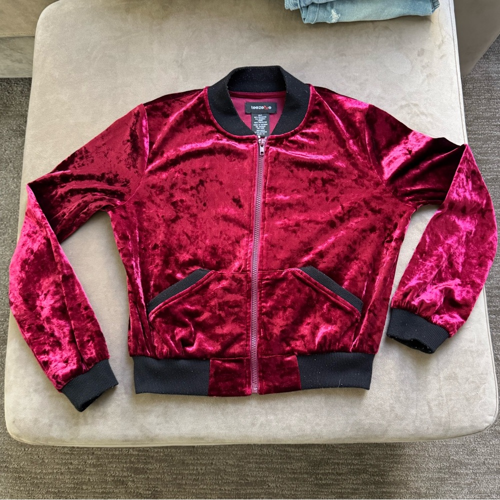 Teeze Me Red Velvet/Velour Cropped Zip jacket